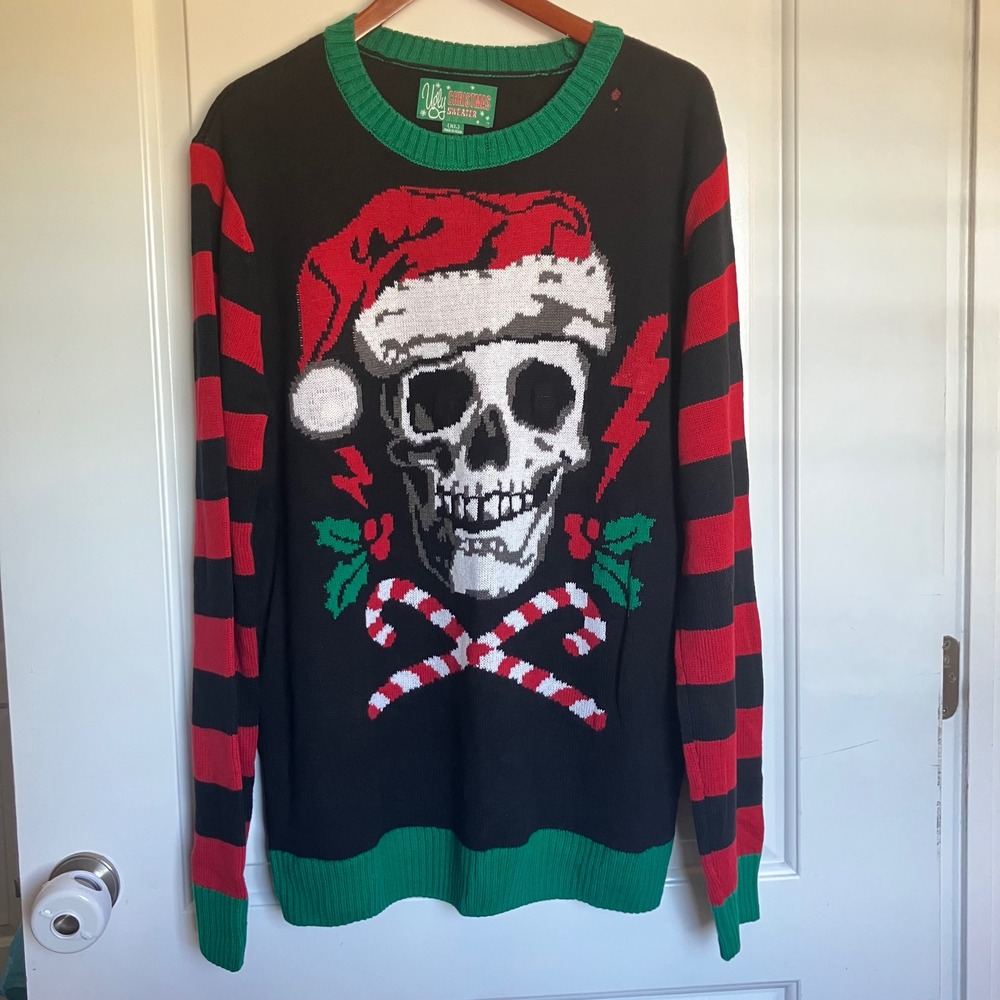 Ugly Christmas Sweater Mens XL Skull Santa Hat Light Up Striped Black Red Green